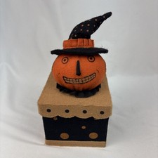 Vintage Primitive Folk Art Grinning Jack O Lantern Witch Box Halloween Decor  picture
