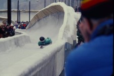 1980 35mm Slide, Lake Placid Winter Olympics, Luge Athlete, New York Wooden picture