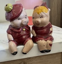 Vintage Ceramic Girl And Boy Pig Couple Shelf Sitters Anthropomorphic Appraised picture