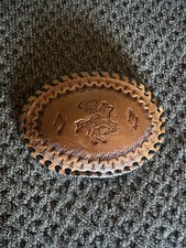 Vintage Style Tooled Leather Cowboy Bronco Rider Western Belt Buckle 4” x 3.75” picture