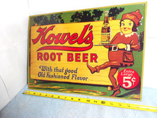 16x11 in VINTAGE HOWEL`S ROOT BEER SODA ADV. SIGN EMBOSSED TIN METAL TACKER -X30 picture