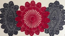 Lot of Three Vintage Handmade Cranberry Red and Navy Doilies picture