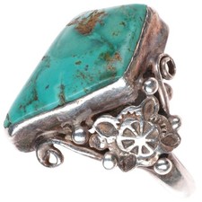sz7.25 vintage Navajo sterling silver fancy stamped ring with nice turquoise picture
