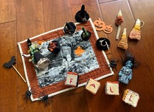 Halloween Primitive Bundle Lot Felted Witch Cauldron & Table Mat Blocks Prim picture