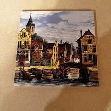 tile trivet Tee Steeg hand decorated Canal scene 6” picture