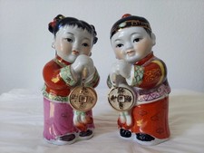 Vintage Chinese Porcelain Jintong  Yunu Figurines w Original Chocolate Coins 7in picture