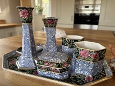 Pretty Antique Crown Pottery Dressing Table Set Trinket Box Candle Stick Etc picture