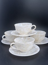 Hazel Atlas White Glass Butterscotch Drizzle String Cup & Saucer 4 Piece Vtg picture