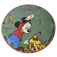 Vintage Socony Aircraft Oils Sign - Mickey Standard Oil Service Porcelain Sign picture