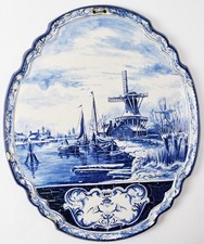 Large Antique Delft Blue & White Porcelain Wall Plaque - 22x19 picture