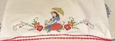 Vtge Pillow Case Artex Painted Crochet edge 1960s Girl umbrella flowers 29