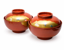 Yamanaka Red&Gold Lacquerware Soup Bowl - Lidded Bowl Set of 2 - Made in Japan picture