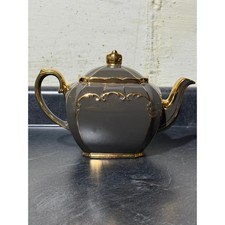 Sadler Cube Vtg Gray Ceramic Teapot 22k Gold Gilt Trim Ornate Scroll Design 1922 picture