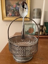 Vtg Reticulated Silverplated Footed Glass Jam Bowl Chrome Plate Spoon Sheffield picture