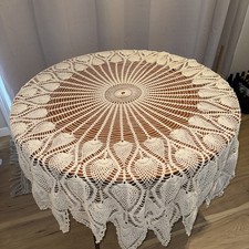 Vintage beautiful Large cream round Hand Made Crotchet Table Cloth. 70”  picture
