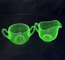 VTG Cambridge Elegant Glass Vaseline Green Cream & Sugar Bowl Plainware Glows picture