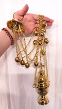 High Polished Brass Hanging Conical Incense Burner Censer With Bells 30 In picture