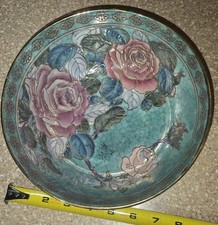 Toyo Vtg Chinese Rose Bowl Enameled Gold Decorative Green Painted picture