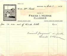 1931 Frank I. Horne Plumber Bedford PA Paid Billhead picture