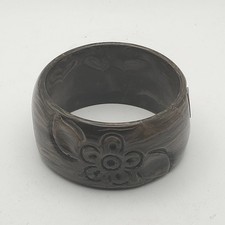 Carved Brown Marbled Floral Wide Bangle Bracelet Lucite Style Acrylic Retro picture