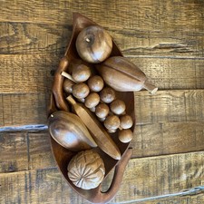 Vintage MCM Monkey Pod 7pc Wood Fruit Set with Leaf Tray Tiki Bohemian Tropical picture
