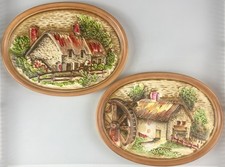 Vintage Lefton Ceramic Wall Plaque Set 1080 Country Cottage Water Mill Japan picture