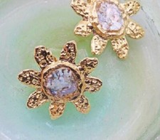 Roman Glass Earrings 14K Gold Plated Flower Ancient Glass 200 BC Round Post Back picture