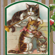 Christmas Cat Musicians Trumpet Violin Kitten Holly Emb PC Vtg c1912 Unused picture