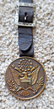 VTG Brass The Great Seal of the United States Watch Fob w/Leather Strap picture