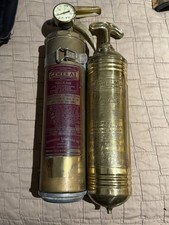 2 Vintage Brass Fire Extinguishers Pyrene & General VL-15 Firefighter picture