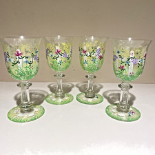 VTG Hand Painted Glasses Goblets Water Wine Colorful Garden Signed OOAK Set of 4 picture