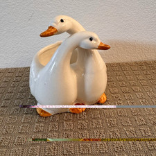 Vintage 1980s–1990s. Ceramic Double Goose Duck Planter Vase White Orange 5” picture