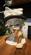 Vintage Hand-Painted Ceramic Lady Head Vase White/Black Hat & Bow Decor picture