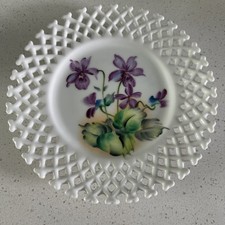 Vtg Lefton Plate Purple Violet Flowers Open Lattice Lace Edge Hand Painted RARE picture