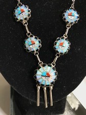 Rare Zuni Antique Inlaid Genuine Opal turquoise Onyx Sun Face Necklace, Signed picture