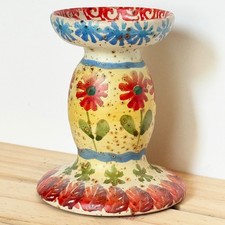 Vintage Majolica Candlestick Holder Italy Red Flowers Blue Green Yellow Ceramic picture