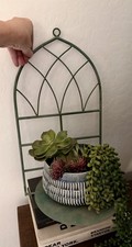 VINTAGE ORNATE CHURCH GOTH ARCHED METAL WALL DECOR WITH A FOLD DOWN CANDLE SHELF picture