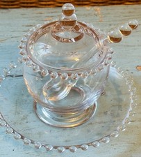 Imperial Glass CANDLEWICK 4-PIECE Sugar Bowl Plate And Spoon Set Etched Stars picture