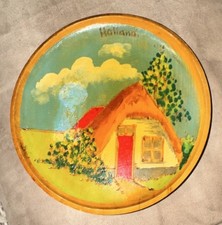 Wooden Holland Dutch Painted Cottage Scene Collector Plate Wall Hanging picture