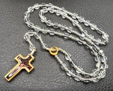 Vintage St Benedict Crucifix Rosary AB Clear Glass Beads Wood Cross 27” picture
