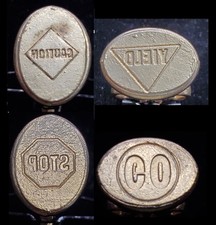 Lot 4 Vintage Gold Tone Brass Traffic Sign Wax Seal Stamps STOP GO YIELD CAUTION picture
