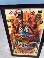 AFRICAN WOMAN DRUMMER PAINTING FRAMED TRIBAL ART COLORFUL ABSTRACT SIGNED picture
