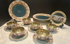 Vtg 18pc FSK Karlsbad Porcelain Tea Set Courting Couple Gold Wash Interior 1920s picture