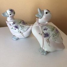 Pair Of Enesco Hand Painted Duck Figurines Violets Flowers With Labels picture