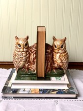 Vtg 70s Owl Bookends Pair Glazed Ceramic Handmade Signed Woodland Tree Stump picture