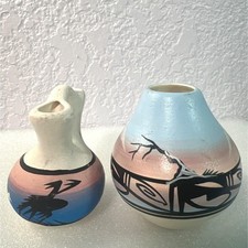 Native American Navajo Pottery Set Of 2 Vases Western Signed Hathale & Dine picture