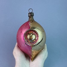 Vintage HandBlown Glass Double Heart Indented Teardrop Ornament*POLAND*3”H* picture