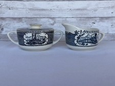 Vintage Royal China Currier & Ives Blue Sugar Bowl & Creamer Set USA picture