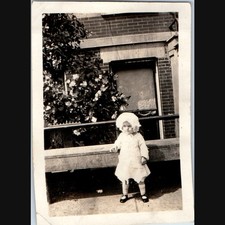 c1920s Toddler Child Flapper Dress Bonnet Hat Snapshot Photo Brick Building Vtg picture