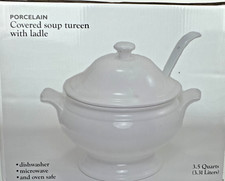 White Porcelain Soup Tureen 3.5 Quart with Lid and Ladle Open Box picture